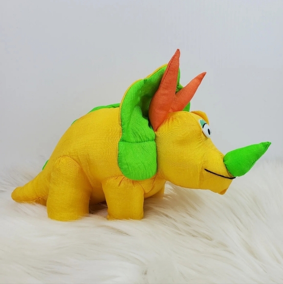 Vtg 1993 Creation Toys Dino Dudes Yellow Triceratops Dinosaur Nylon Plush 13" - Picture 3 of 7